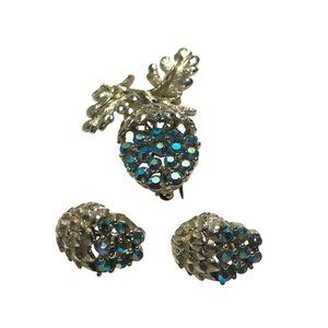 Vintage Acorn Brooch & Earrings Set With Blue Rhinestones